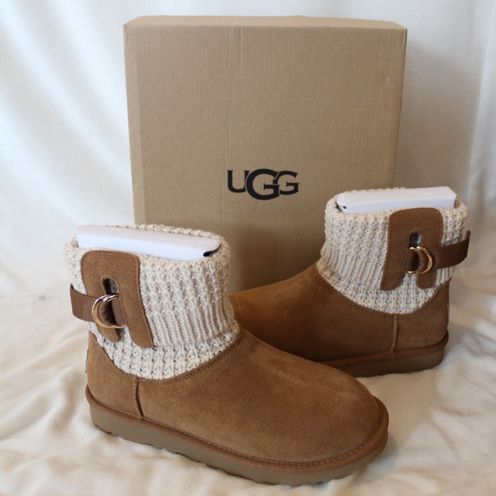NWOB UGG WOMEN'S SOLENE MINI SWEATER CUFF SUEDE‎ BOOTS CHESTNUT
